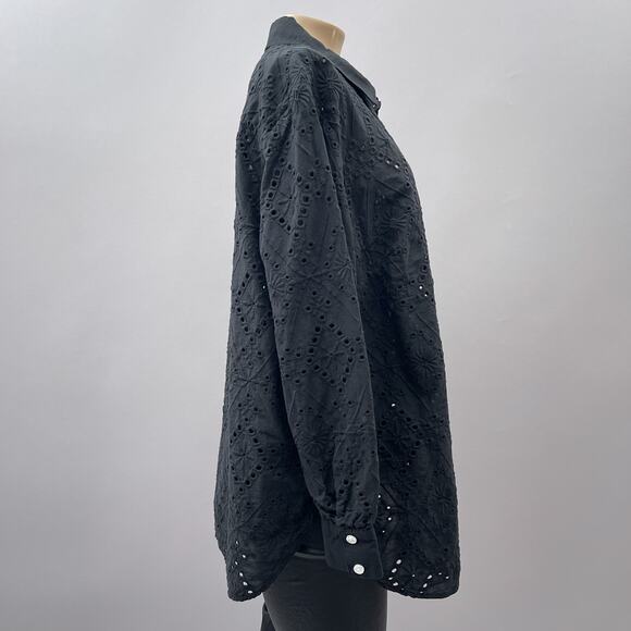 Talbots Top Women 1X Black Eyelet Lace Embroidered Long Sleeve Button Up - Picture 6 of 10